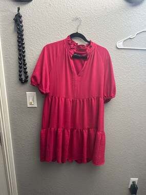 Sam and Jess Hot Pink Ruffle Mock Neck Tiered Babydoll Mini Dress